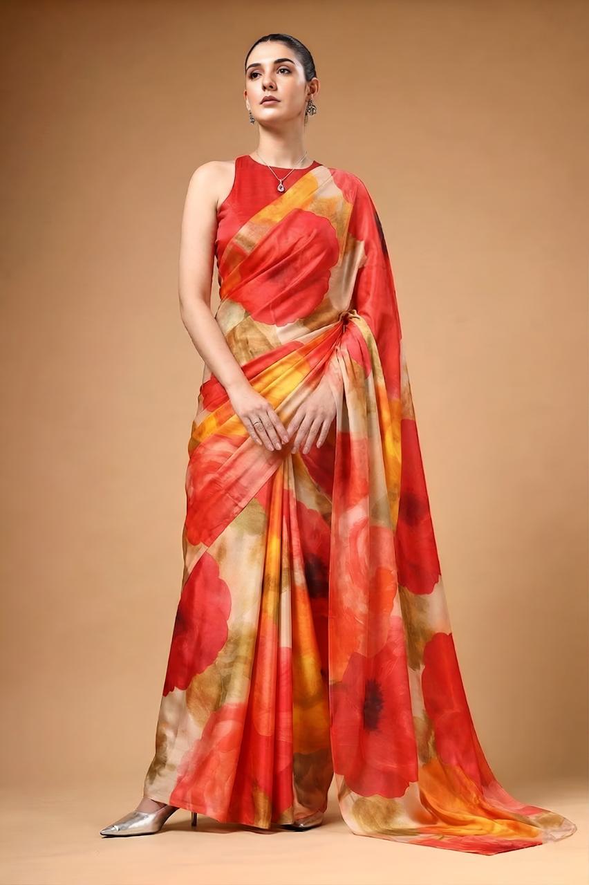 Red Floral Printed Satin silk   Ready-to-Wear Saree