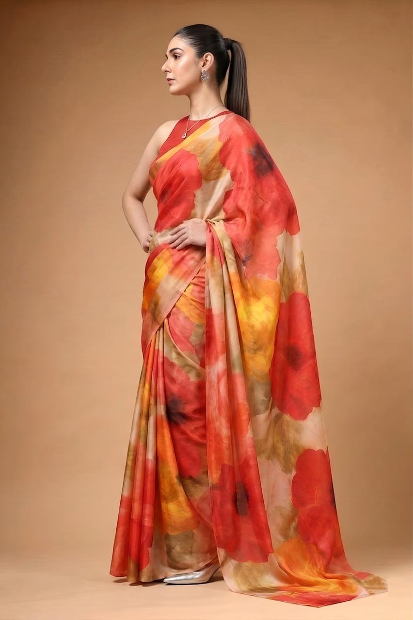 Red Floral Printed Satin silk   Ready-to-Wear Saree