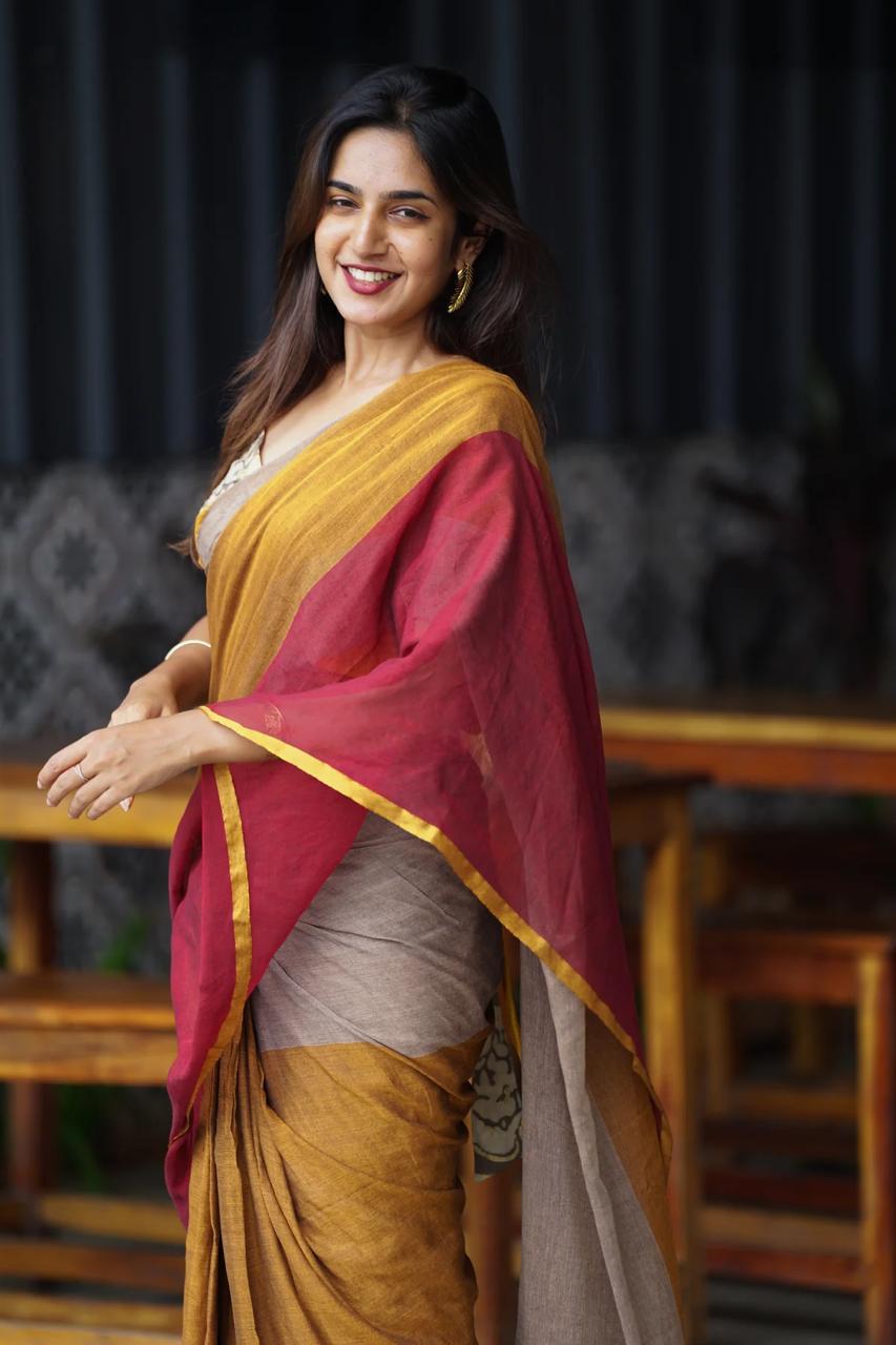 Dual Tone Linen Cotton with Contrast Pallu Ready  To Wear Saree