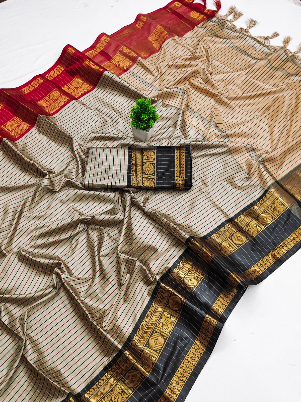 Cream Striped Silk Blend  with Contrast Temple Borders With  Rich Zari Weave Ready To Wear Saree
