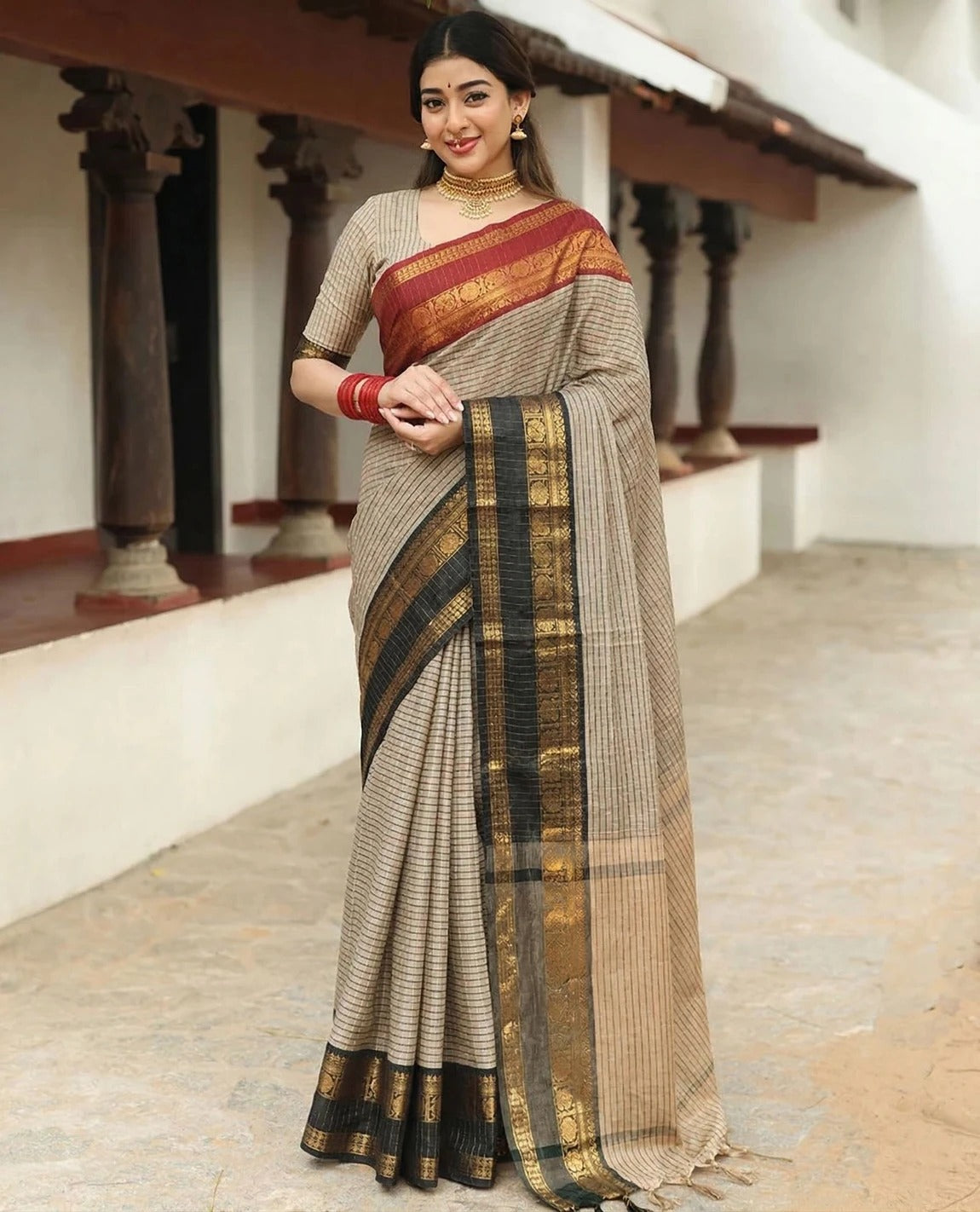 Cream Striped Silk Blend  with Contrast Temple Borders With  Rich Zari Weave Ready To Wear Saree