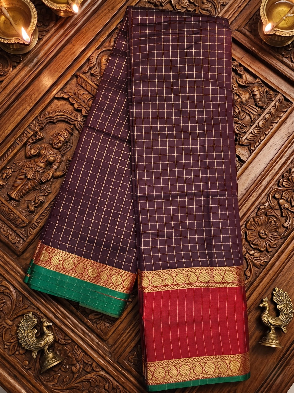 Maroon & Emerald Green Traditional Zari Border Silk Blend Ready To Wear  Saree