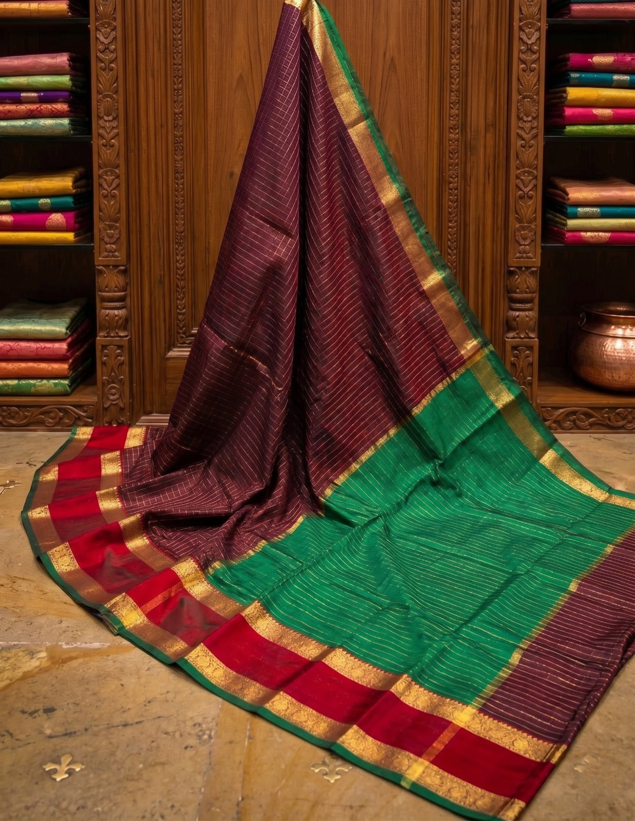 Maroon & Emerald Green Traditional Zari Border Silk Blend Ready To Wear  Saree