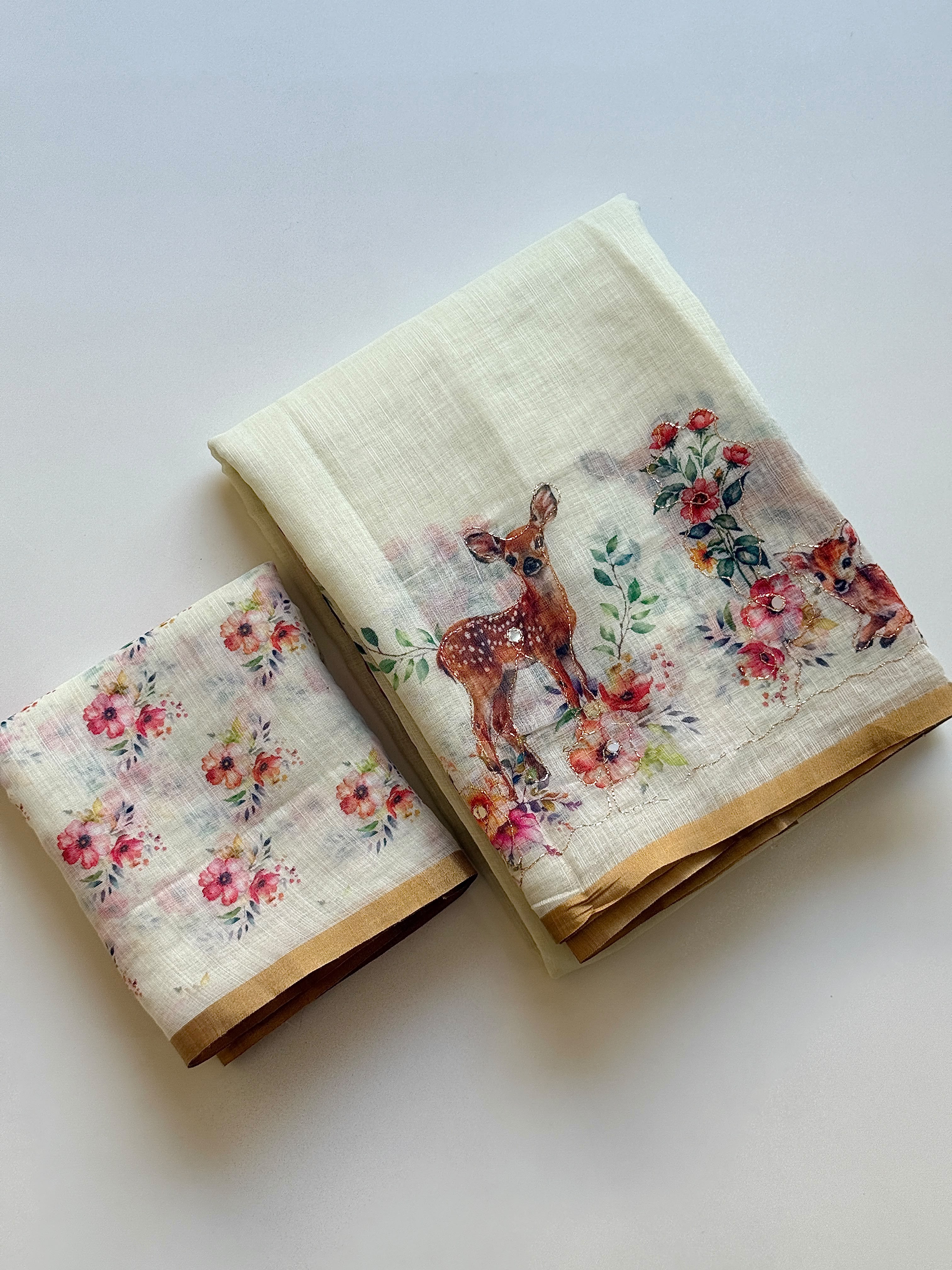 Enchanting Deer Floral Print Linen Tissue  with Tassel Pallu Ready To Wear Saree