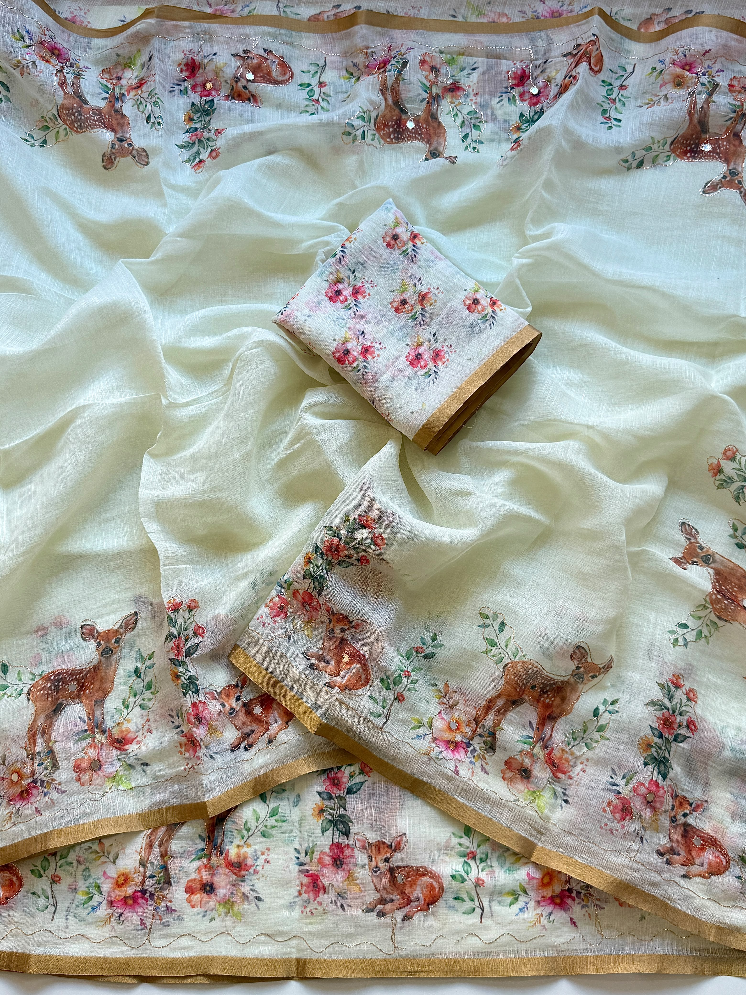 Enchanting Deer Floral Print Linen Tissue  with Tassel Pallu Ready To Wear Saree