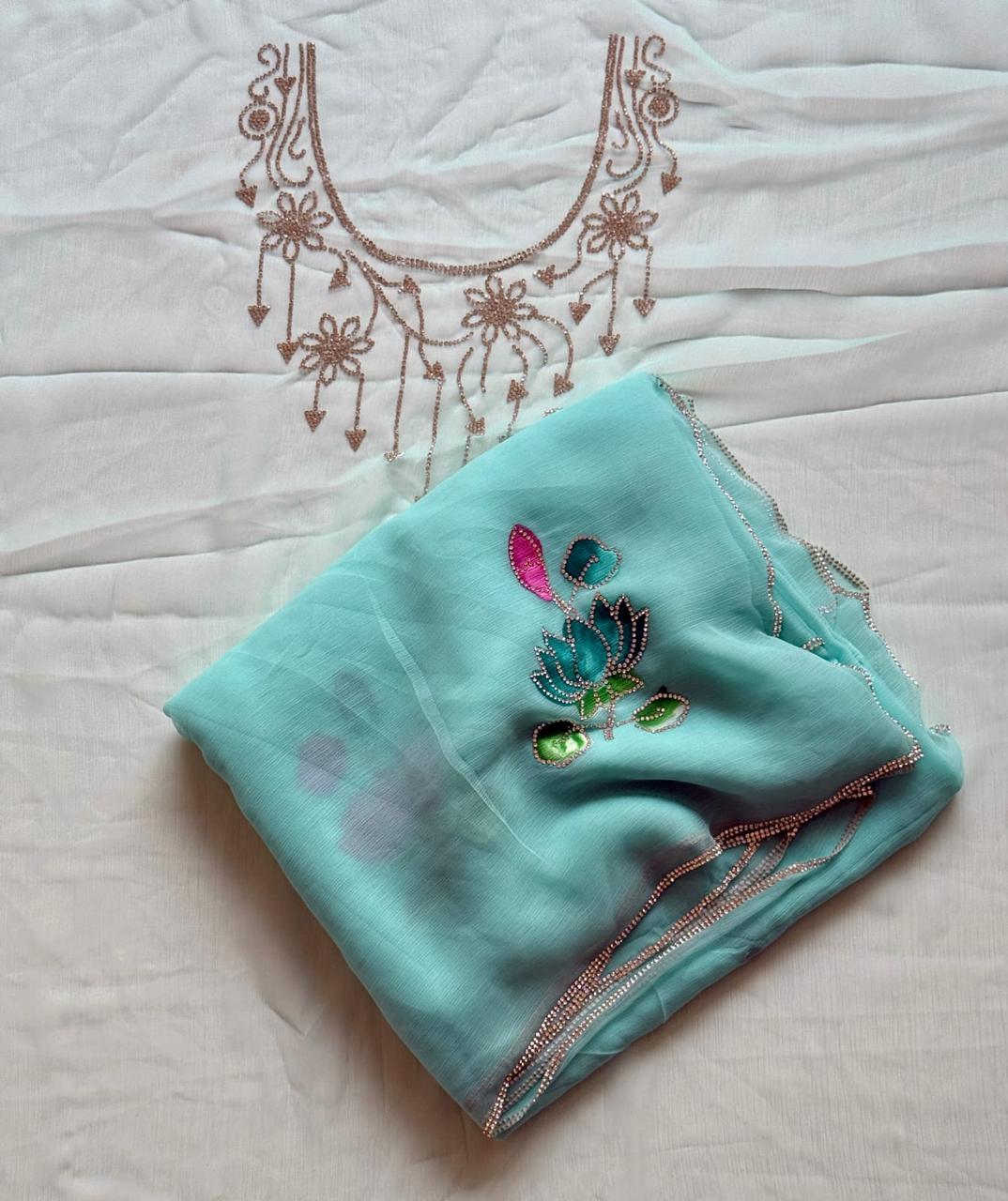 Aqua Blue Chiffon  with Multicolor Floral Hand Embroidery Ready To Wear Saree