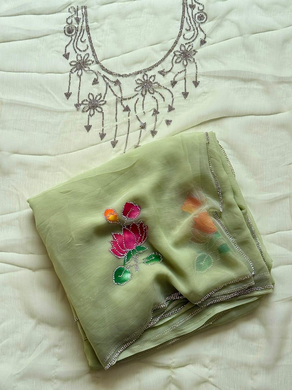 Pastel Green Chiffon   with Multicolor Lotus Embroidery Ready To Wear Saree