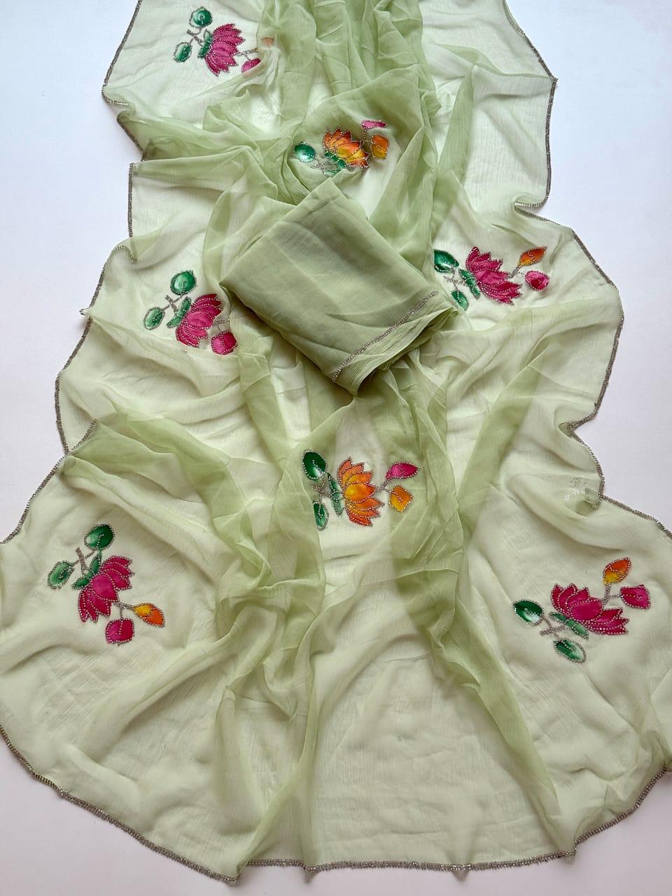 Pastel Green Chiffon   with Multicolor Lotus Embroidery Ready To Wear Saree