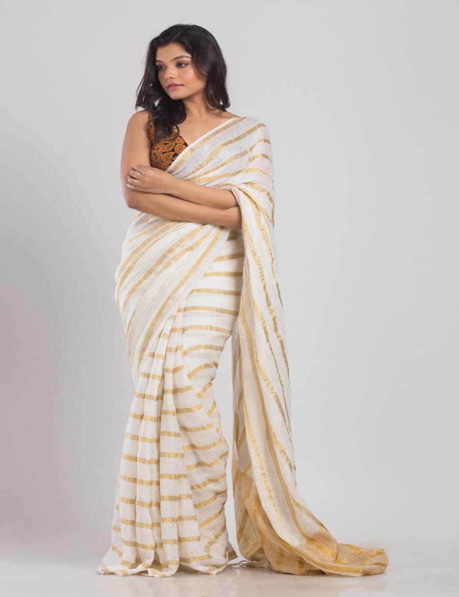 Elegant Off-White Linen Cotton with Golden Zari Stripes | Lightweight Festive & Casual Ready To Wear Saree Wear