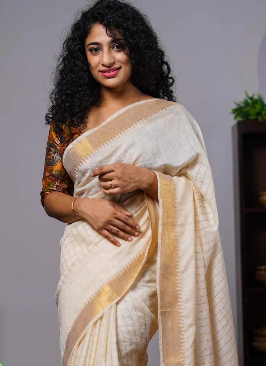 Elegant Off-White Tissue Silk  with Golden Zari Border & Subtle Checked Weave Ready To Wear Saree