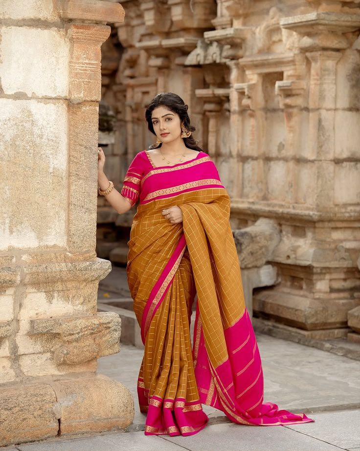 Elegant Mustard Checked Semi-Silk Saree with Rani Pink Zari Border | Ready-to-Wear Saree