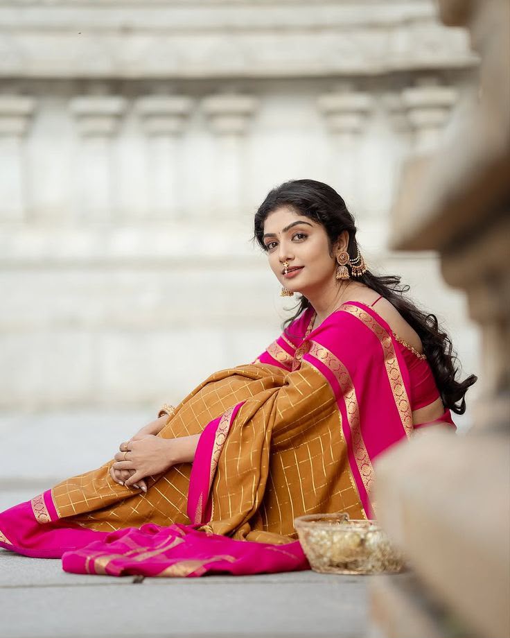 Elegant Mustard Checked Semi-Silk Saree with Rani Pink Zari Border | Ready-to-Wear Saree