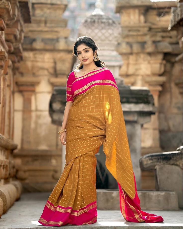 Elegant Mustard Checked Semi-Silk Saree with Rani Pink Zari Border | Ready-to-Wear Saree