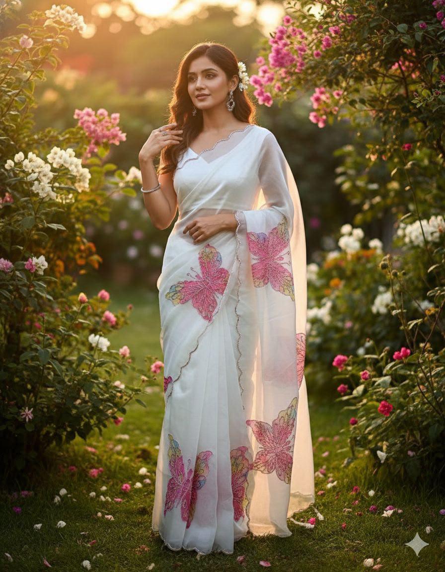 Elegant White Organza Saree with Multicolor Butterfly Embroidery | Ready-to-Wear Saree
