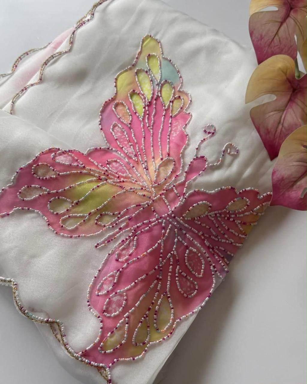 Elegant White Organza Saree with Multicolor Butterfly Embroidery | Ready-to-Wear Saree