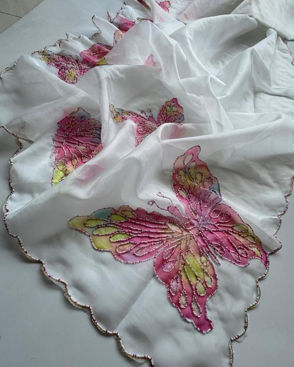 Elegant White Organza Saree with Multicolor Butterfly Embroidery | Ready-to-Wear Saree