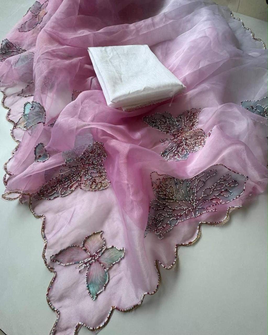 Elegant Baby Pink Organza Saree with Handcrafted Butterfly Bead Embroidery | Ready-to-Wear Saree