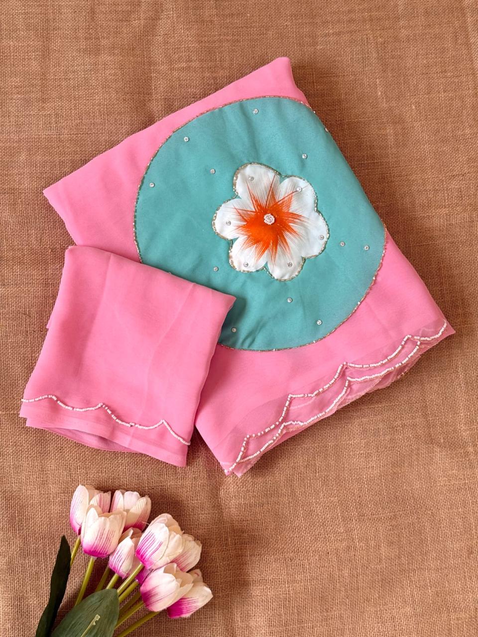 Elegant Pink GEORGETTE  Saree with Multicolor Floral Appliqué Embroidery | Ready-to-Wear Saree