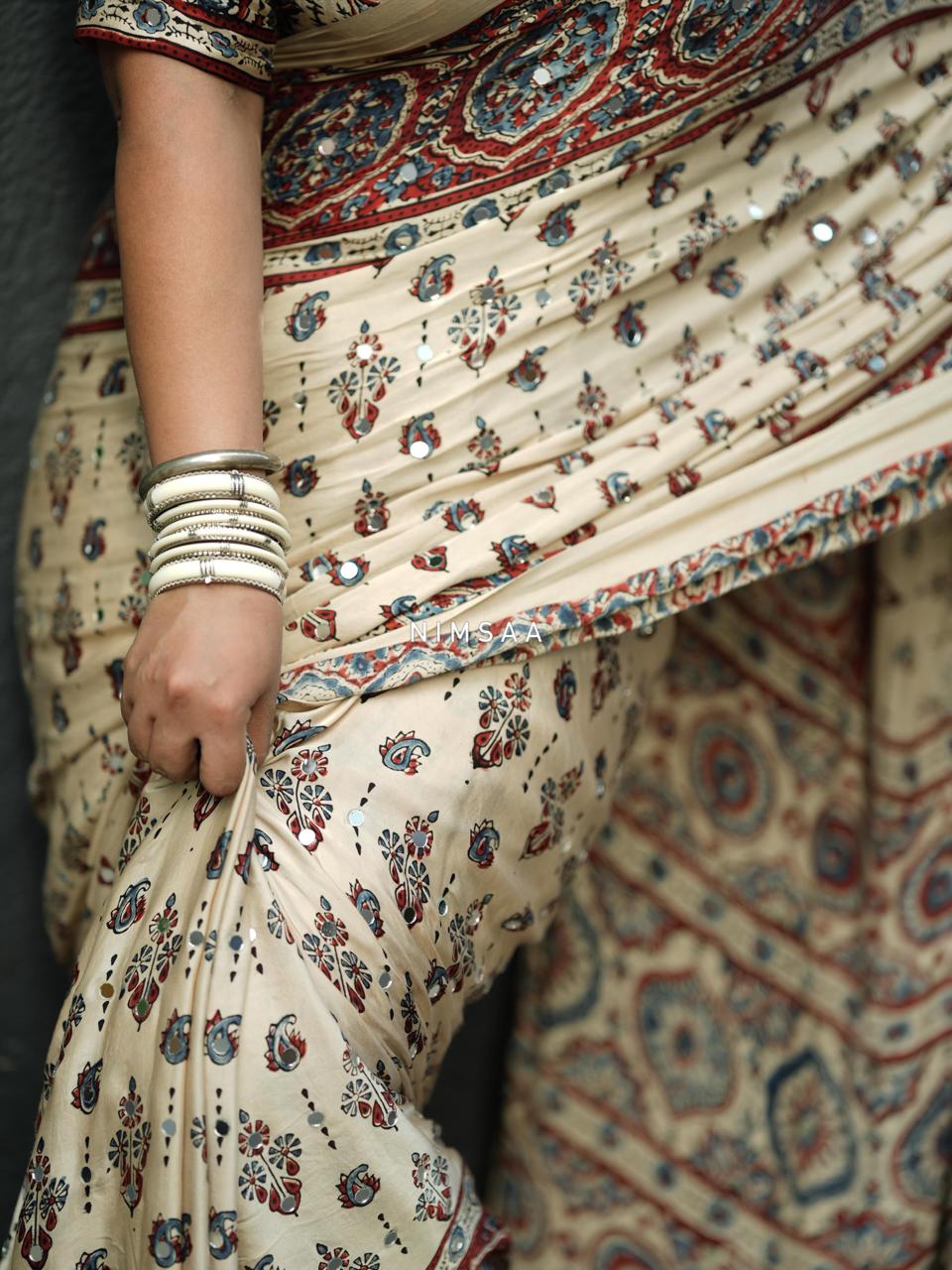 Ivory Ajrakh Printed Japan Satin With Mirror Work Ready To Wear Saree