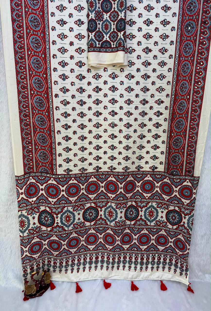 Ivory Ajrakh Printed Japan Satin With Mirror Work Ready To Wear Saree