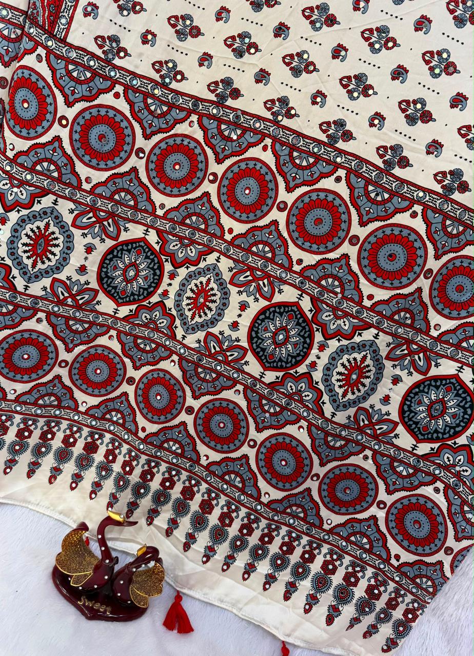 Ivory Ajrakh Printed Japan Satin With Mirror Work Ready To Wear Saree