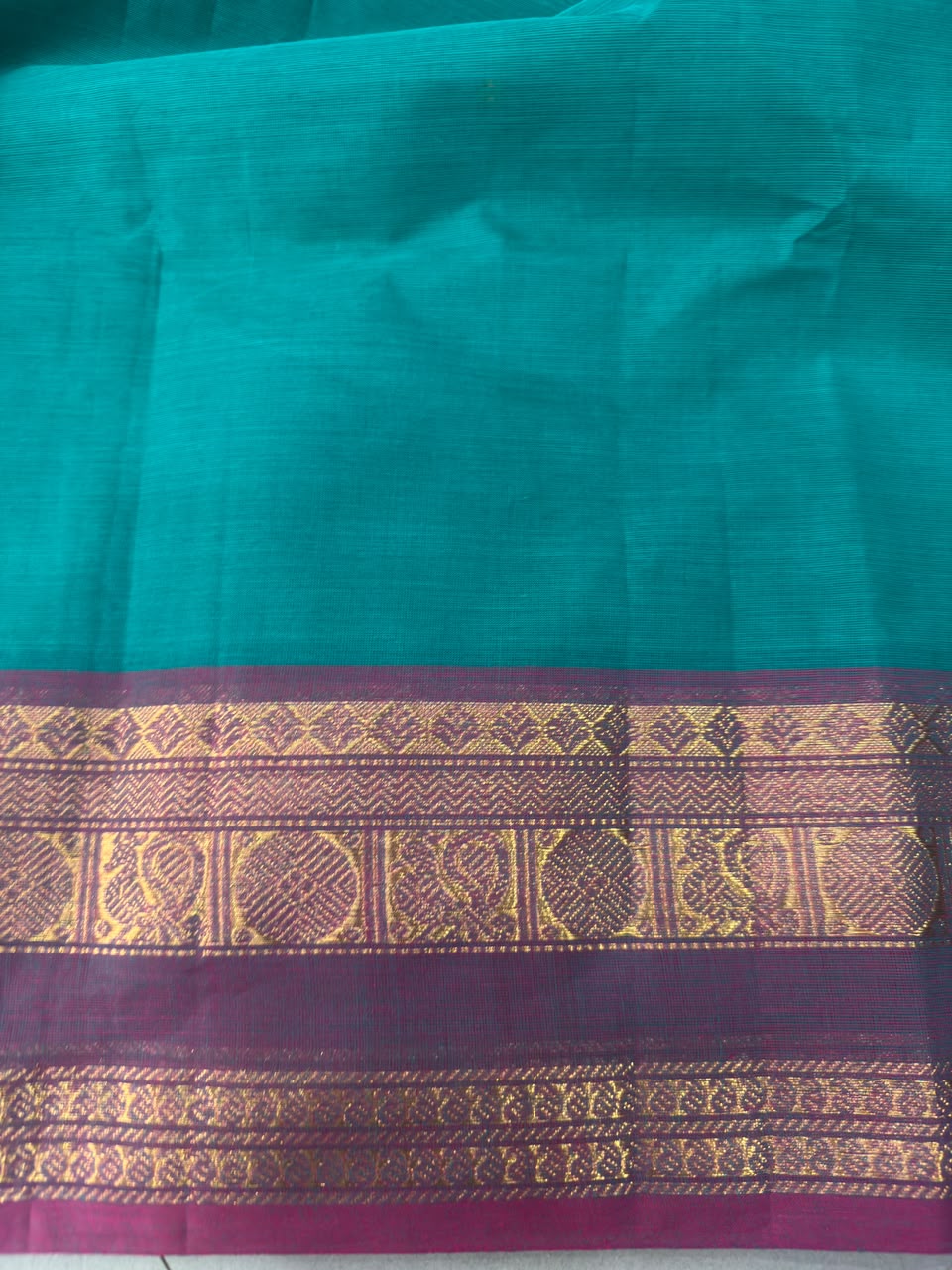 Rama Green Kanchi Cotton Saree with Thread Buttas and Contrast Zari Borders | SHOBITAM