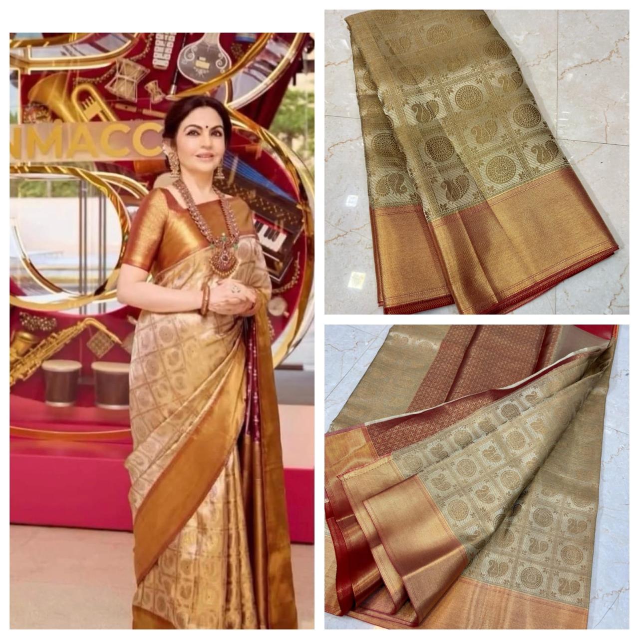 Nita Ambani Inspired Soft Tissue Silk With Zari weaving Ready To Wear Saree
