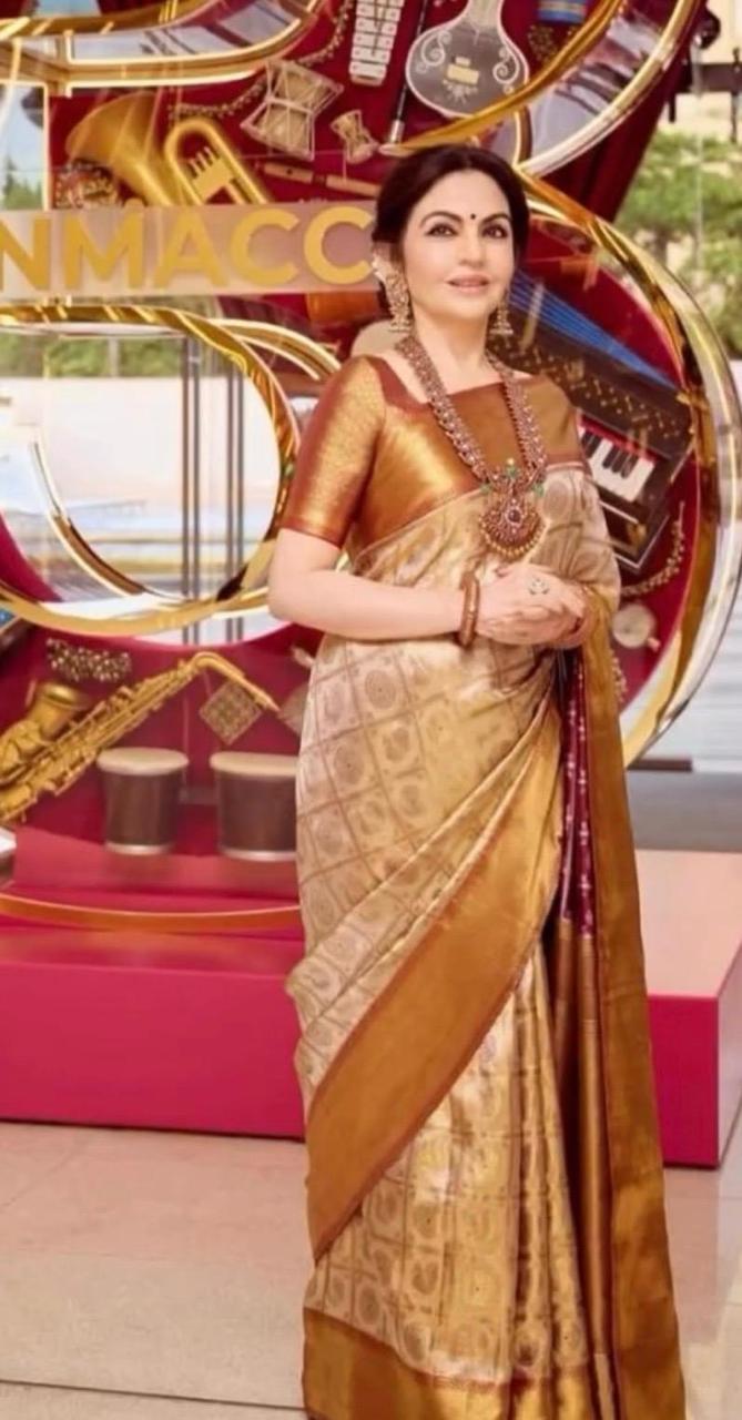 Nita Ambani Inspired Soft Tissue Silk With Zari weaving Ready To Wear Saree