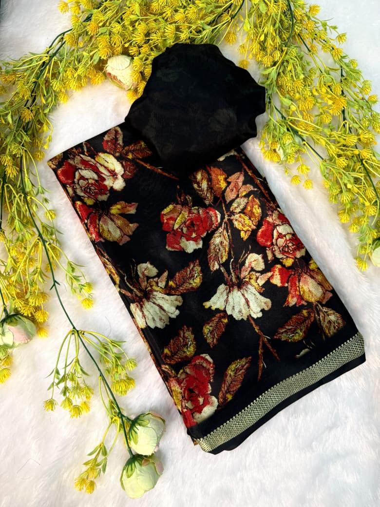 Floral Printed  Georgette With Zari Border  Ready To Wear Saree