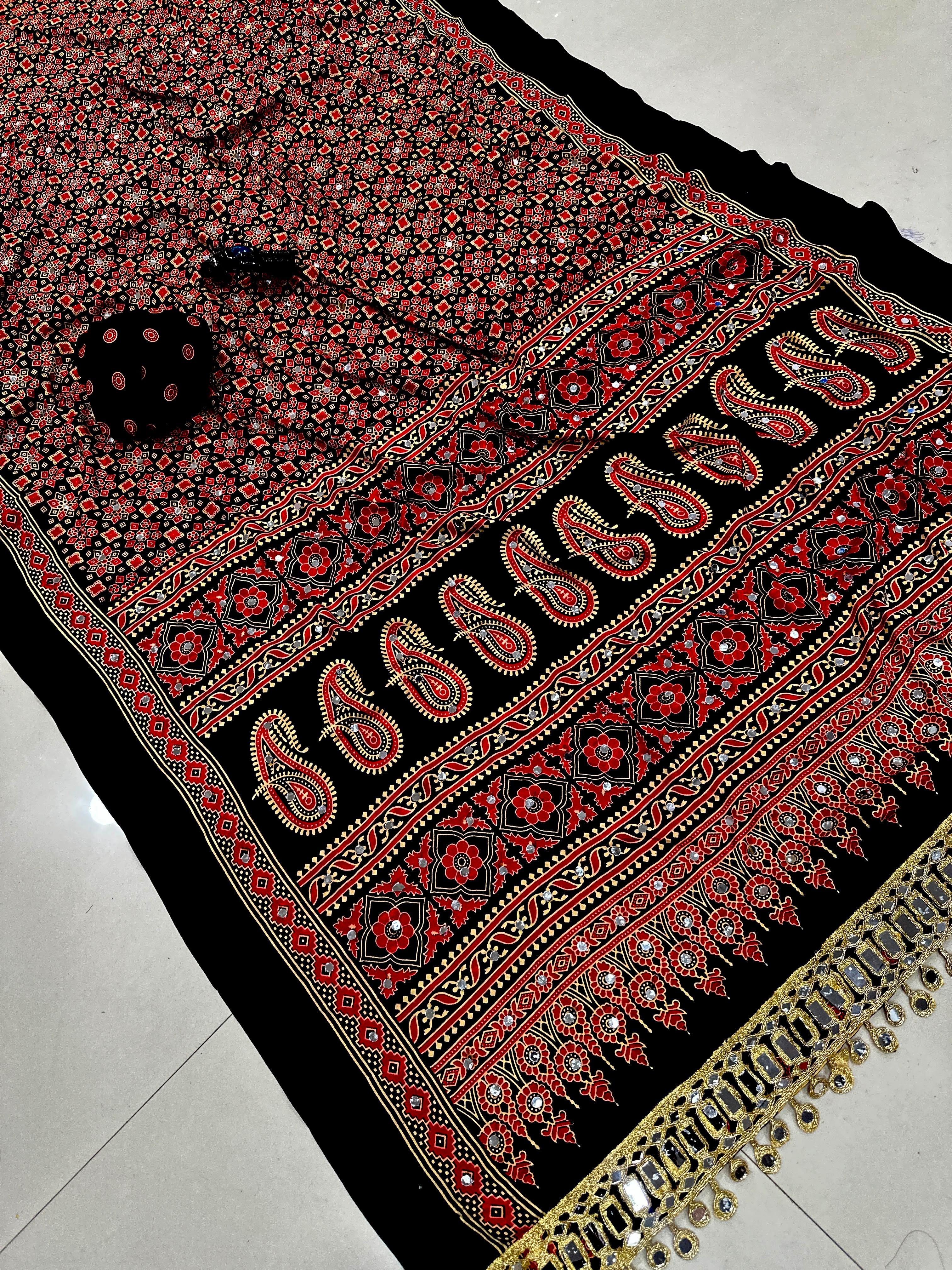Soft Ajrakh Inspired Printed Paisley With Mirroe Work Ready To Wear Saree