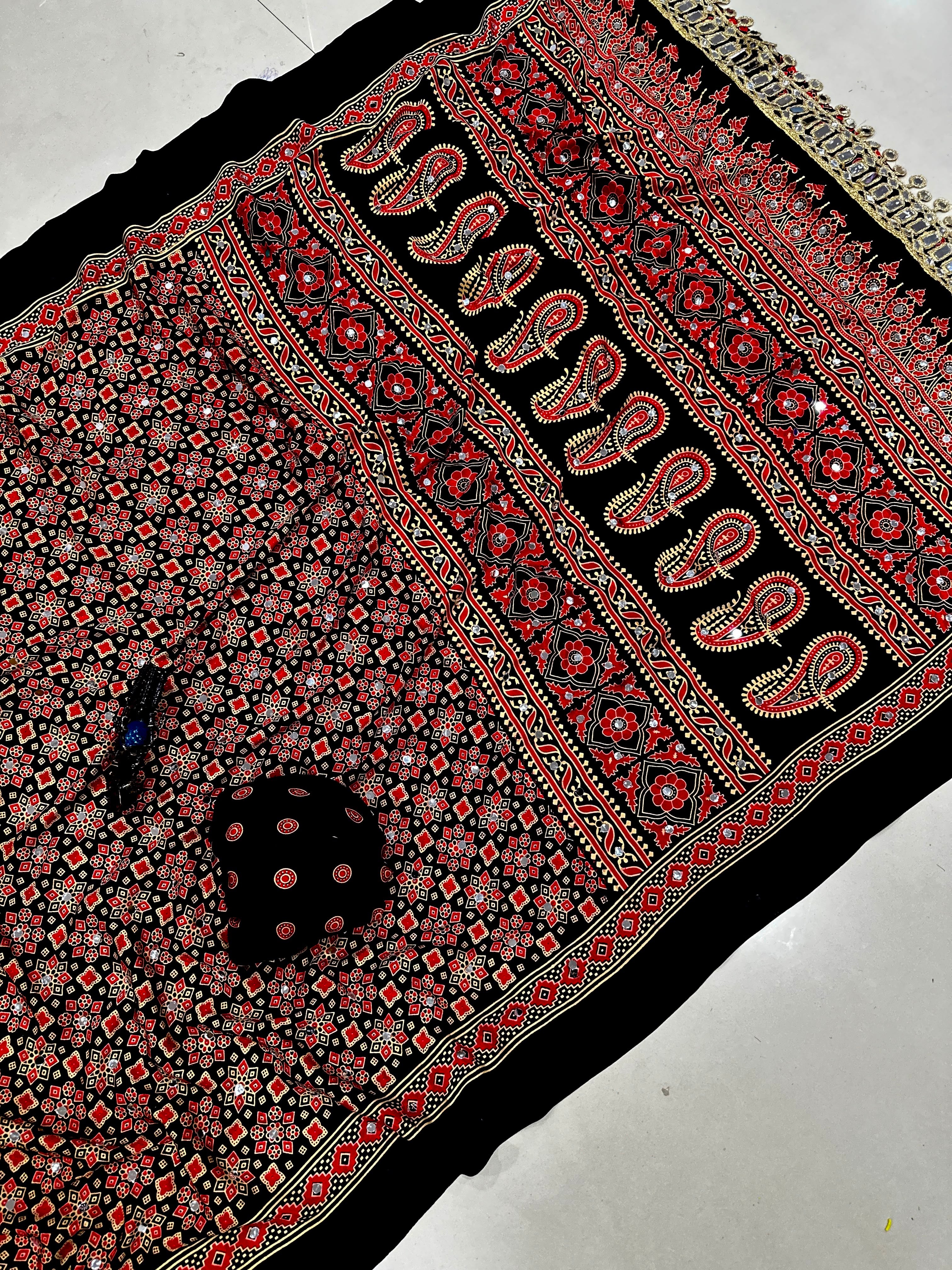 Soft Ajrakh Inspired Printed Paisley With Mirroe Work Ready To Wear Saree