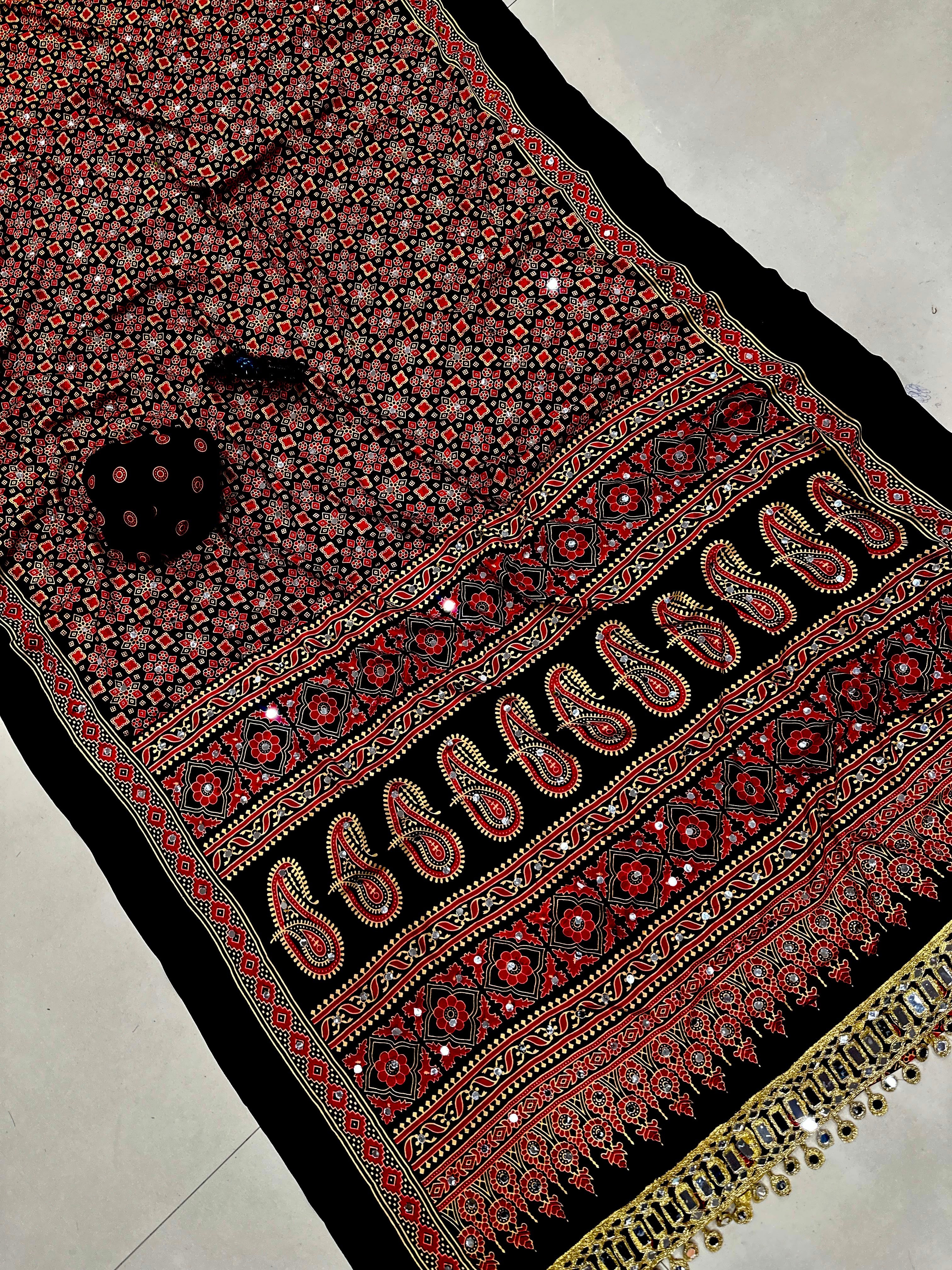 Soft Ajrakh Inspired Printed Paisley With Mirroe Work Ready To Wear Saree