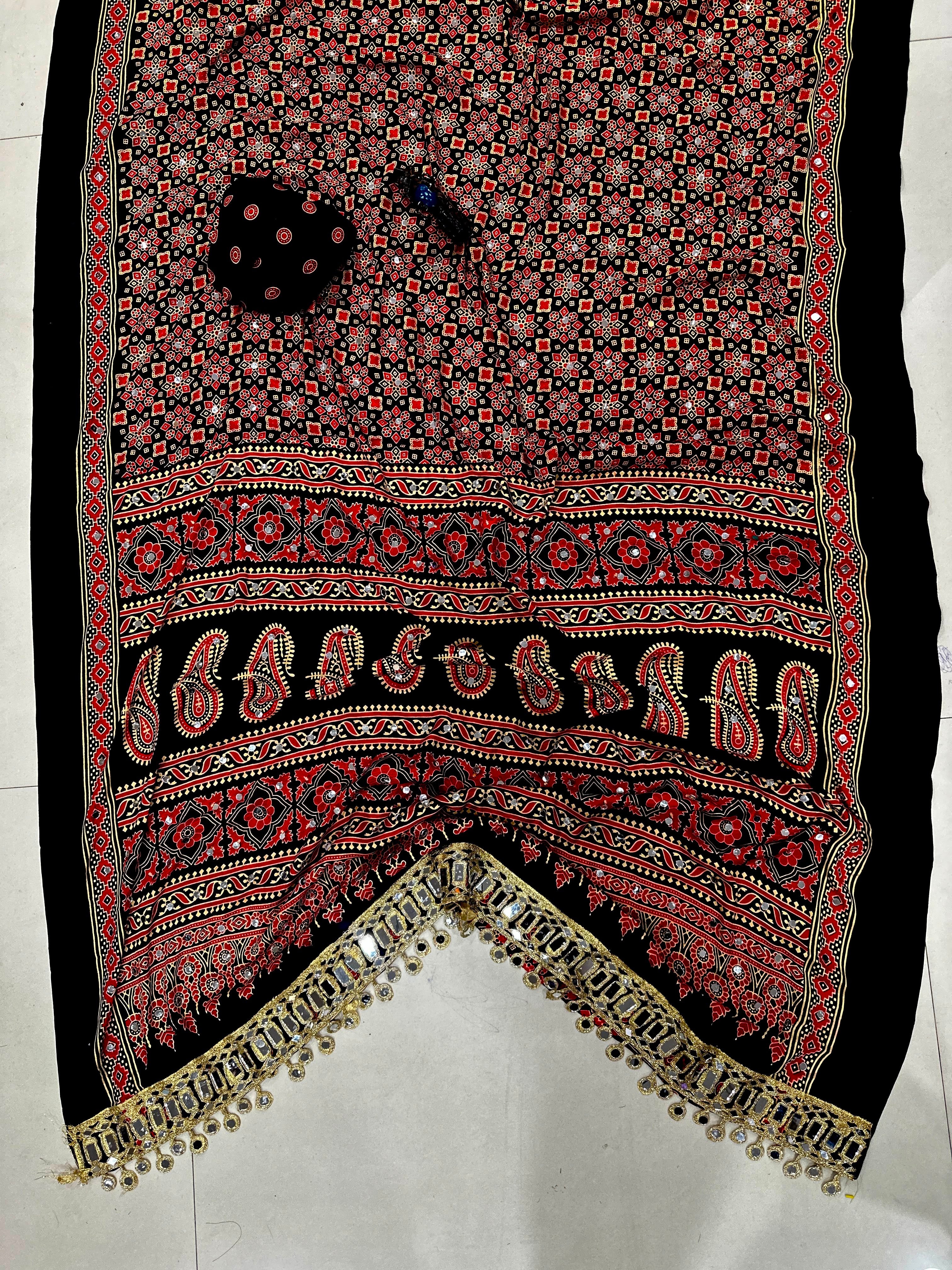 Soft Ajrakh Inspired Printed Paisley With Mirroe Work Ready To Wear Saree