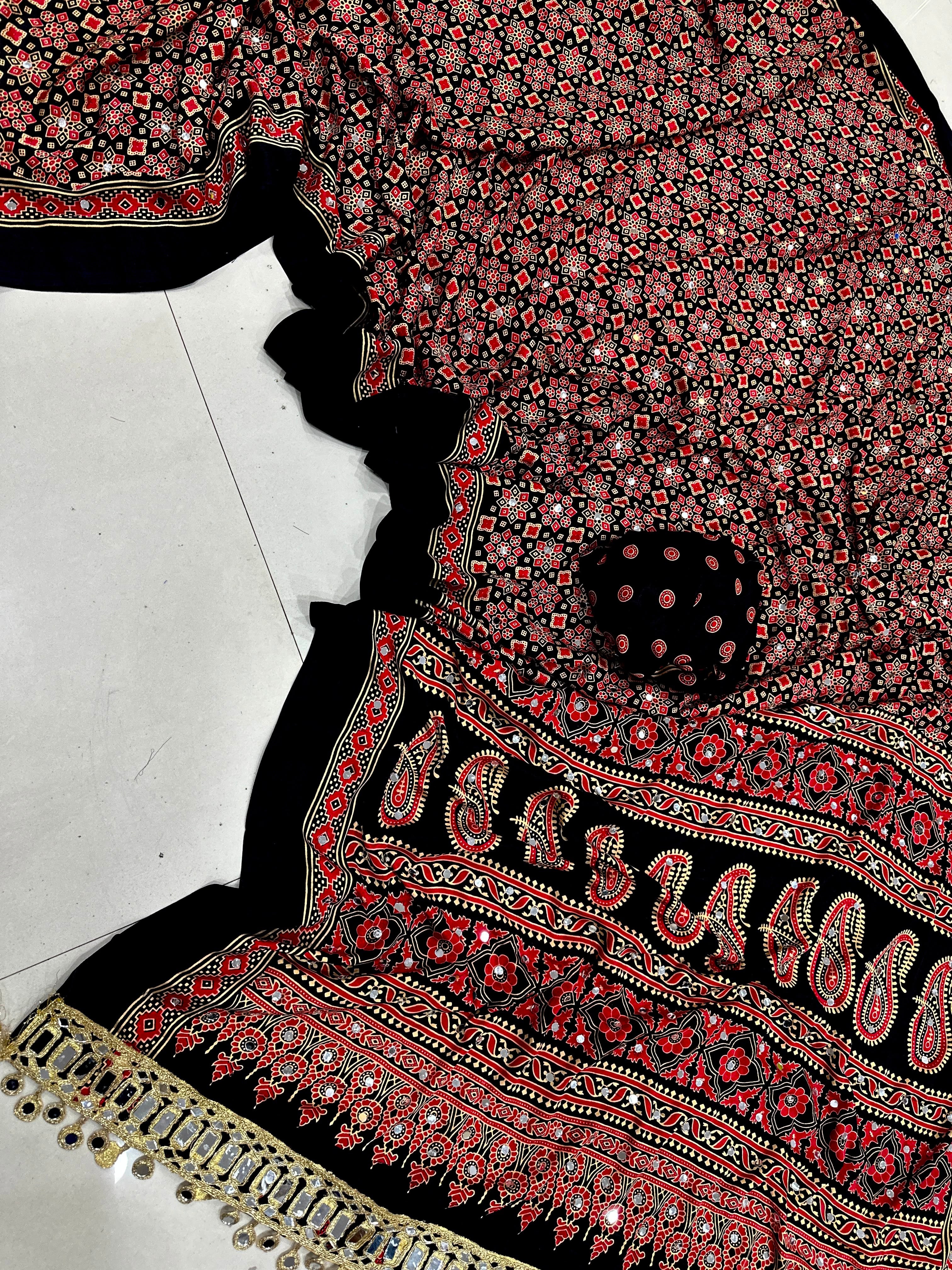 Soft Ajrakh Inspired Printed Paisley With Mirroe Work Ready To Wear Saree
