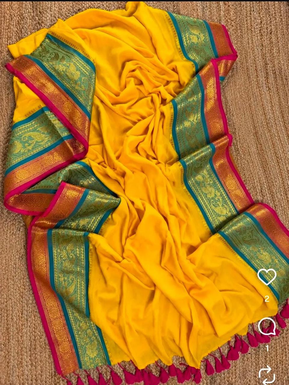 Mustard Yellow with Green & Pink Zari Border Ready  To Wear Saree