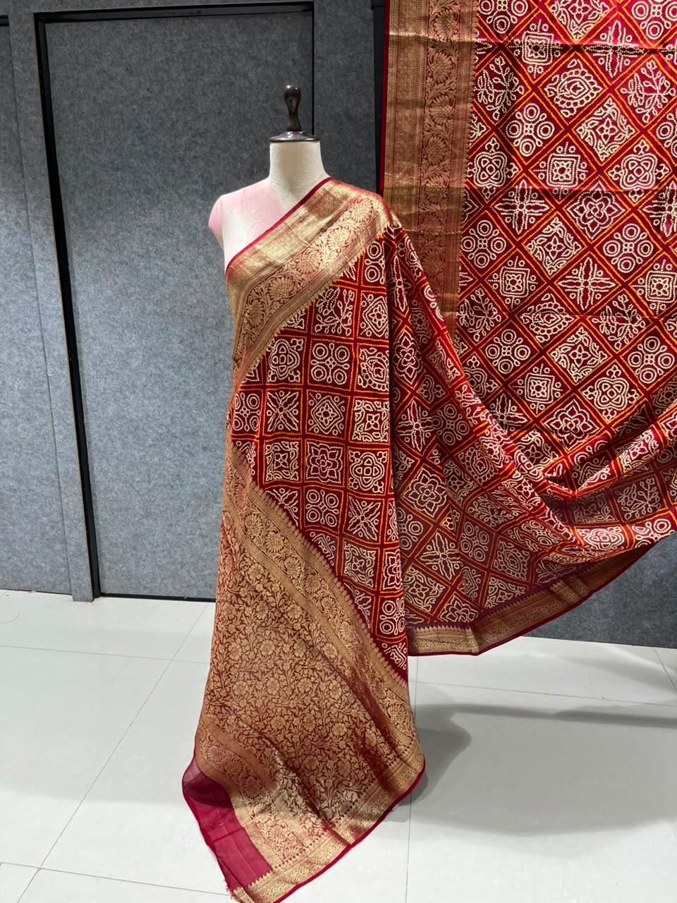 Bandhani-Inspired Semi Silk With Broad Zari Border Ready To Wear Saree
