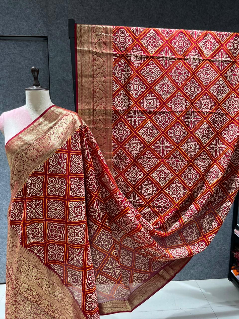 Bandhani-Inspired Semi Silk With Broad Zari Border Ready To Wear Saree