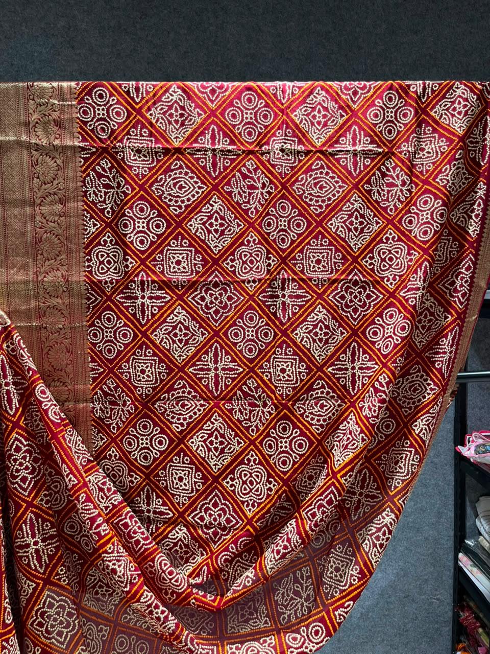 Bandhani-Inspired Semi Silk With Broad Zari Border Ready To Wear Saree