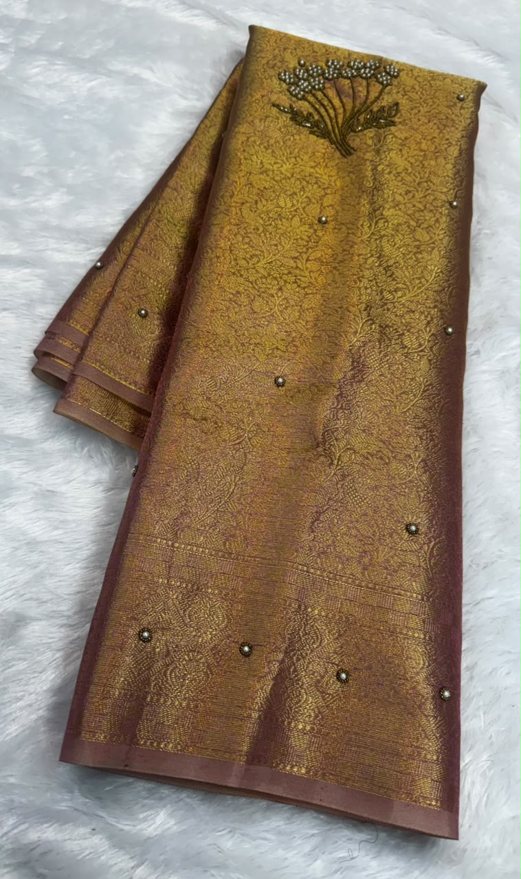 Antique Gold Embroidered Tissue Silk Ready To Wear Saree