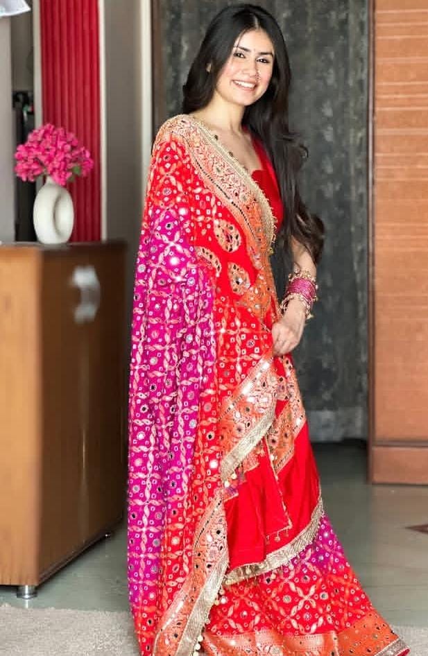 Vibrant Dual Tone  Bandhej Georgette Silk Festive Ready To Wear  Saree