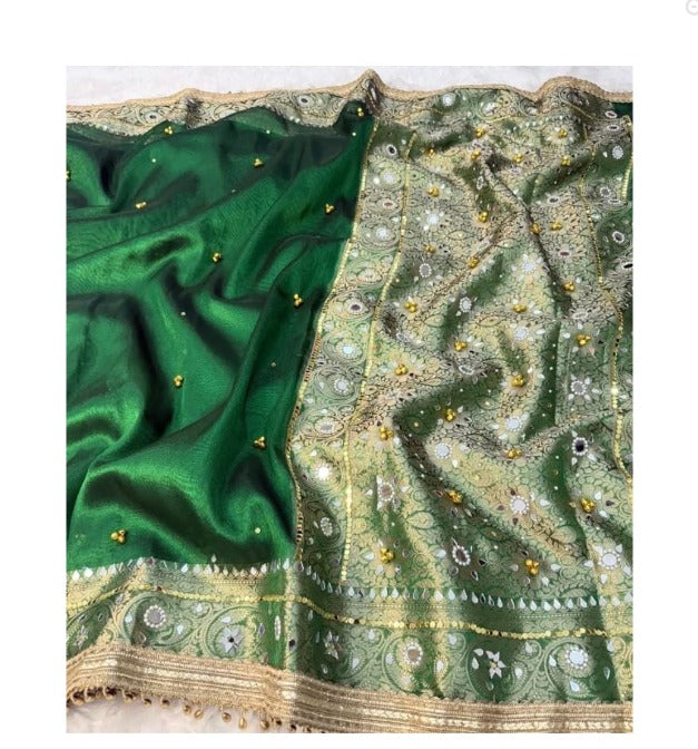 Tissue Silk with designer Palla and Ghngroo Emblliesd Prestich saree