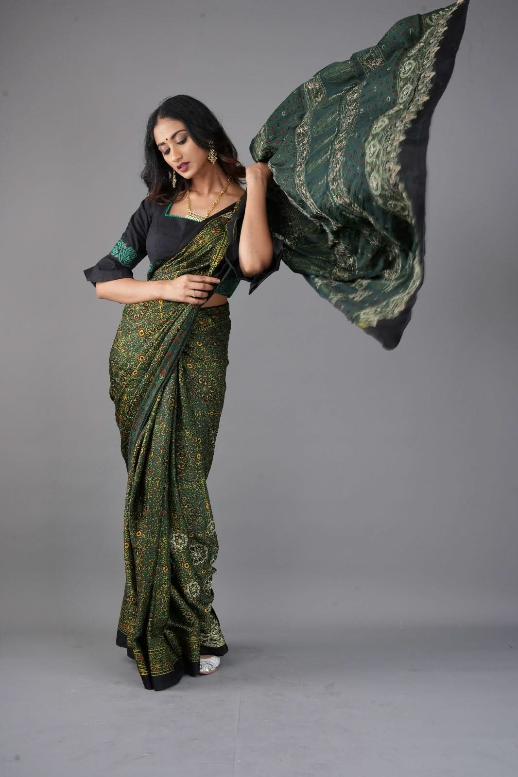 Ajrakh Hand Block Print on Green Modal Silk Saree with mirror and sequins Hand embroidery | Shobitam