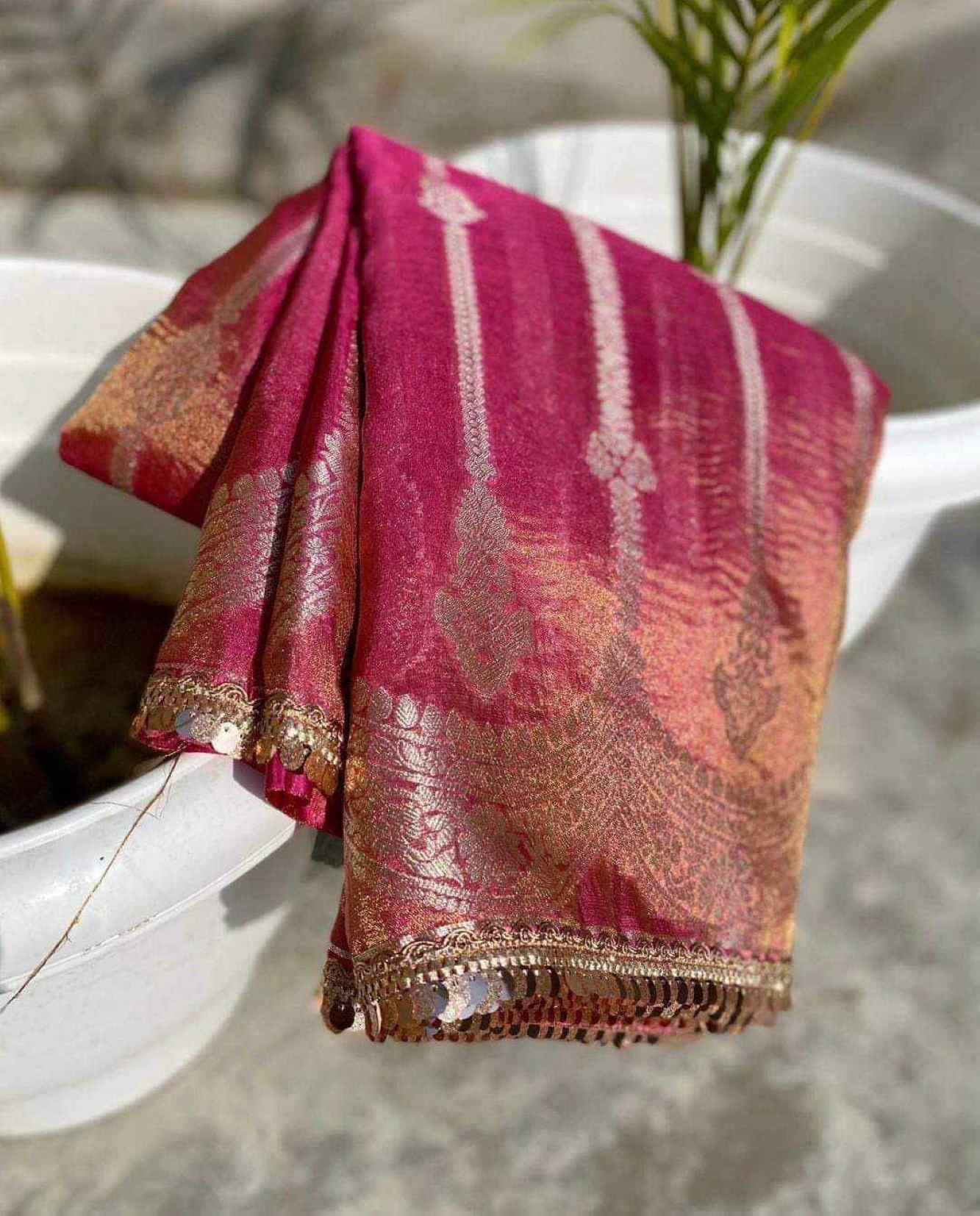 Banarsi Soft Crushed Tissue Silk  With Golden Tikili Lace & All Over Zari Woven Pre Drape Saree