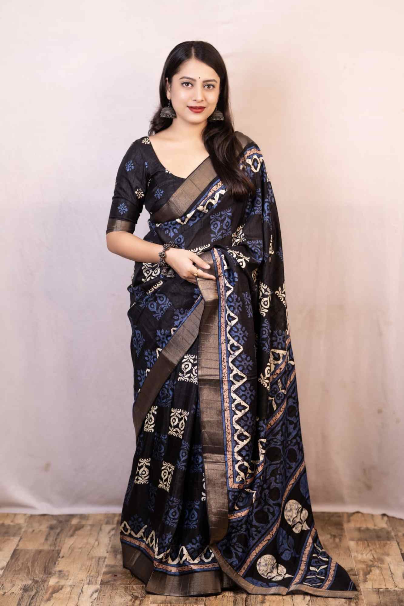 Soft Cotton Silk With Overall Printed & Zari Bordered Ready To Wear Saree