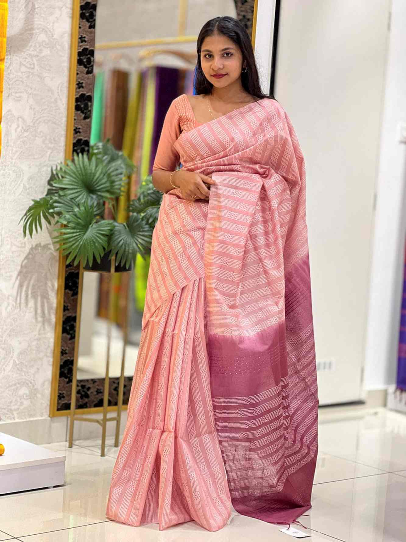 Rose Pink Kota Silk With Allover Stripe Design & Contrast Pallu Wrap in 1 minute Saree