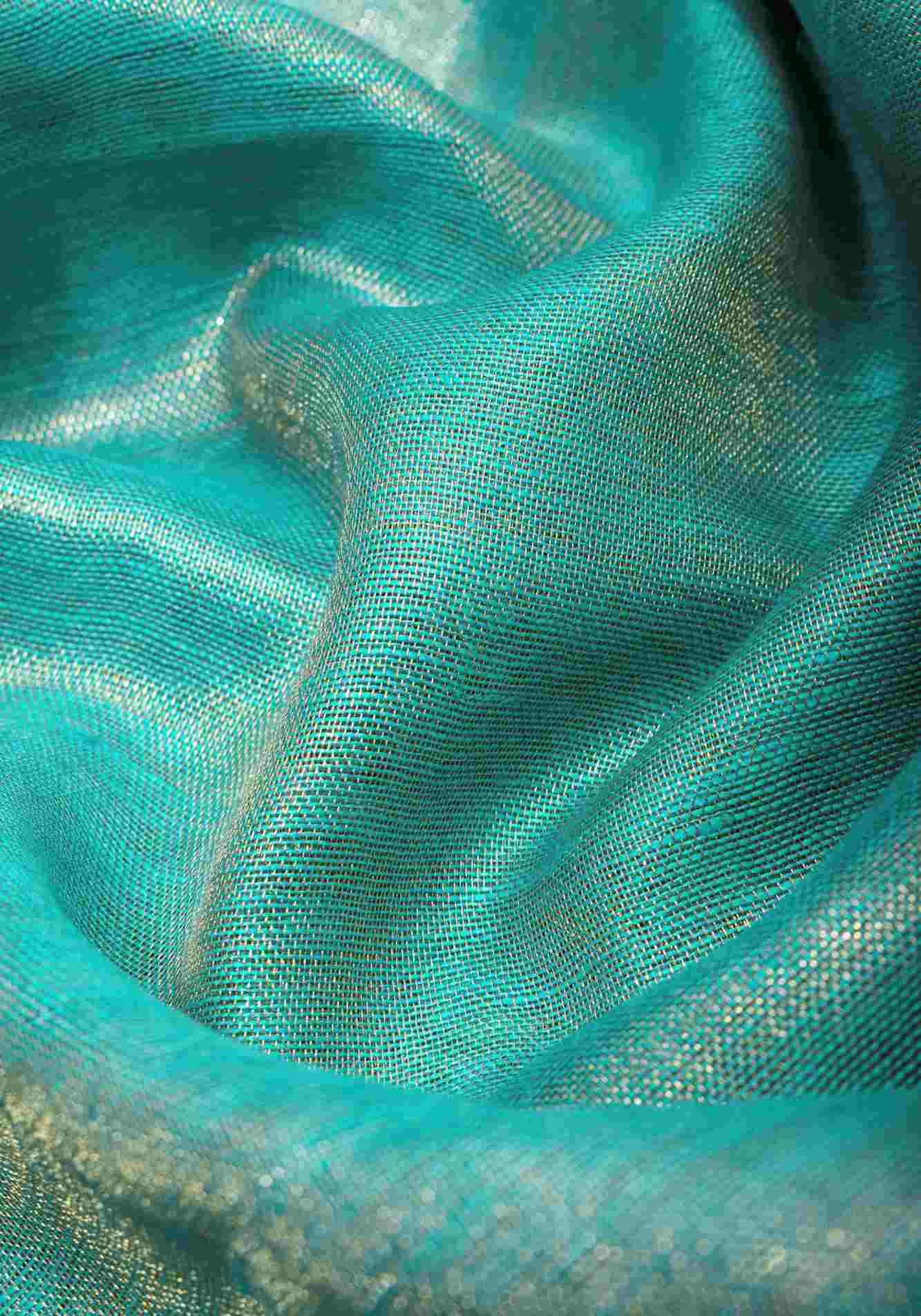 Sea Green Scalloped Tissue Linen Ready to Wear Saree and Golden border