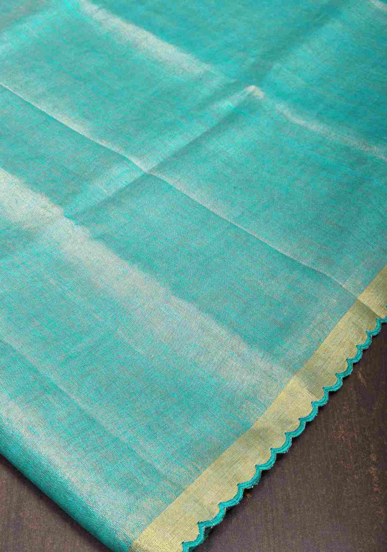 Sea Green Scalloped Tissue Linen Ready to Wear Saree and Golden border