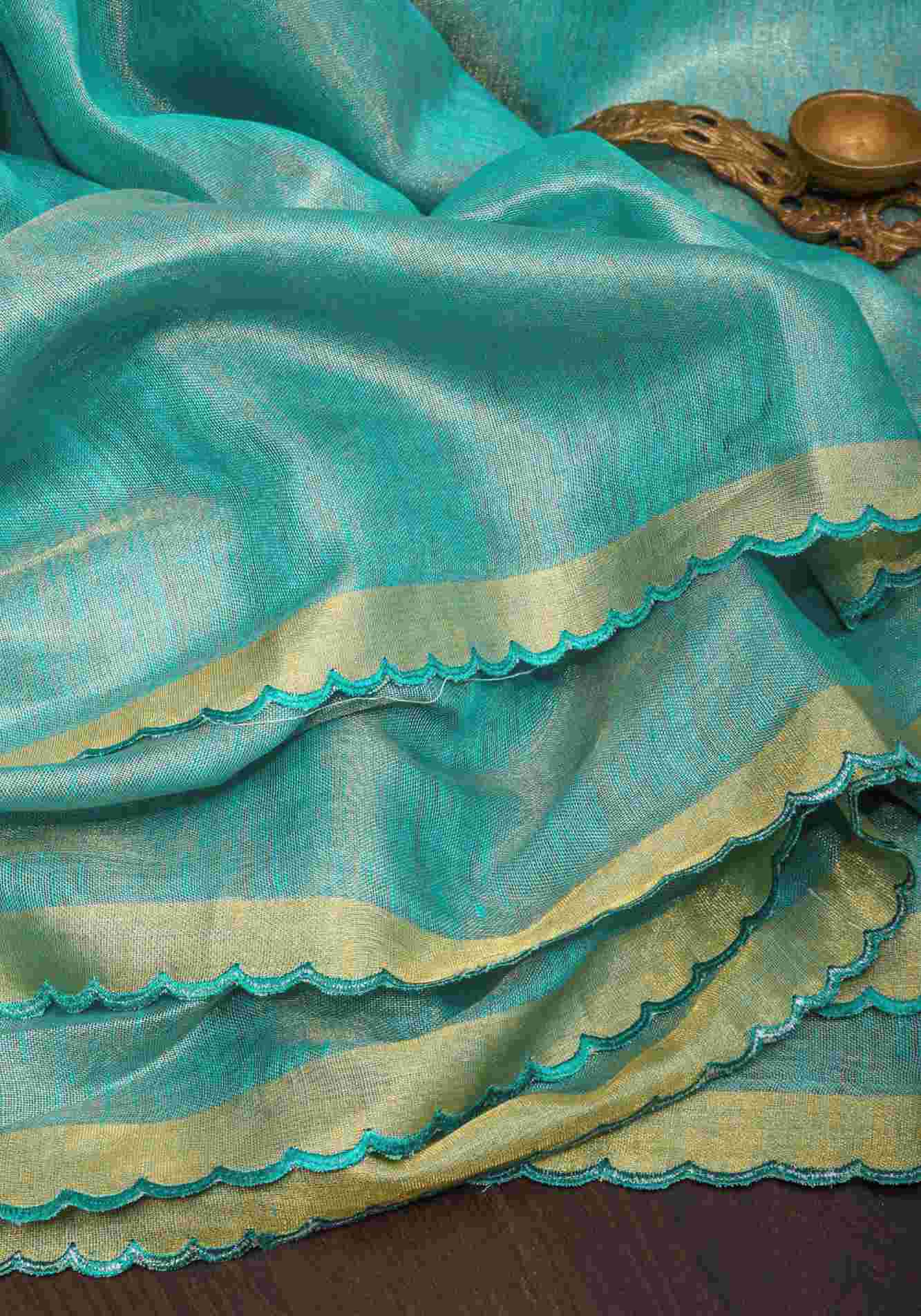 Sea Green Scalloped Tissue Linen Ready to Wear Saree and Golden border