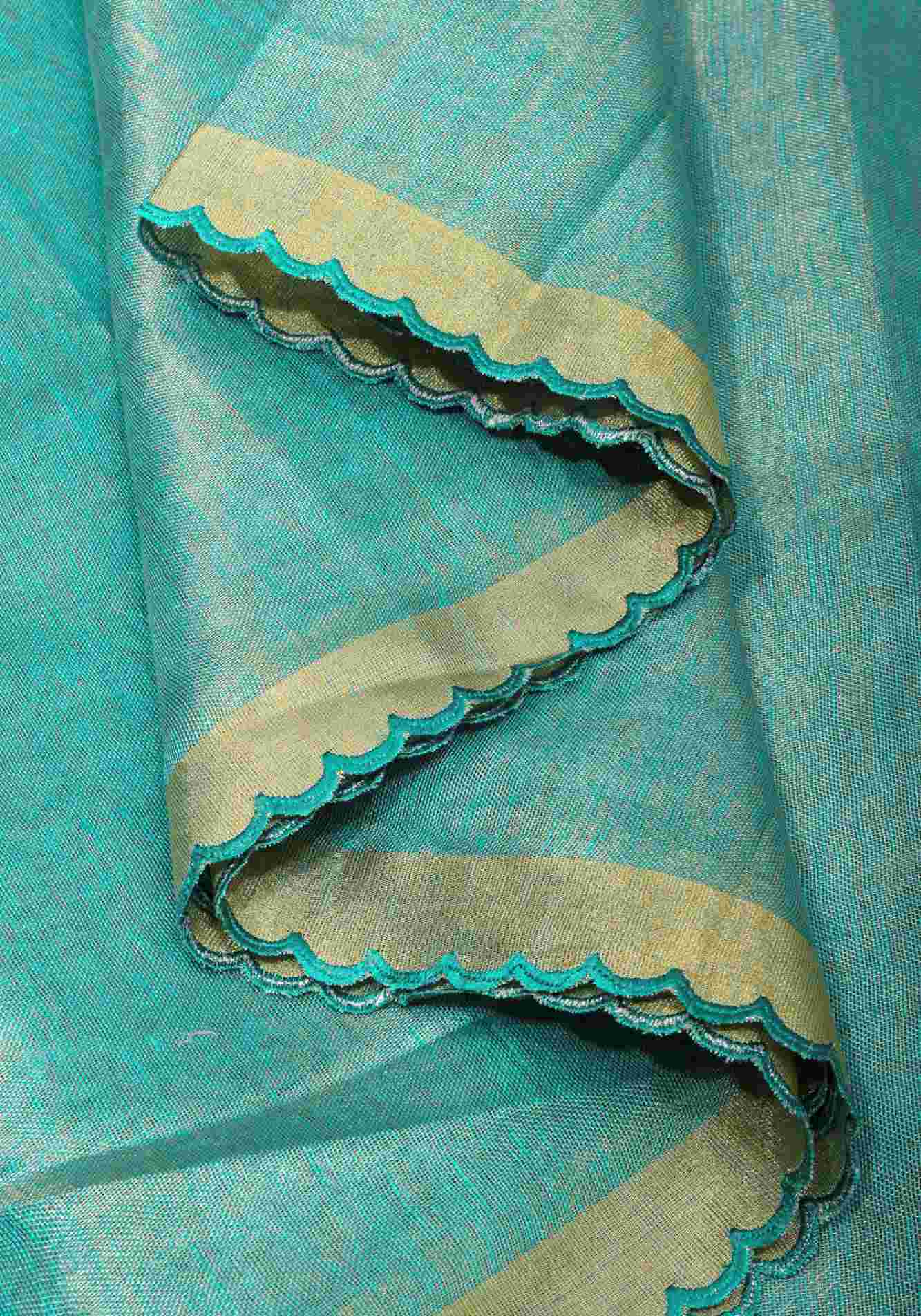 Sea Green Scalloped Tissue Linen Ready to Wear Saree and Golden border