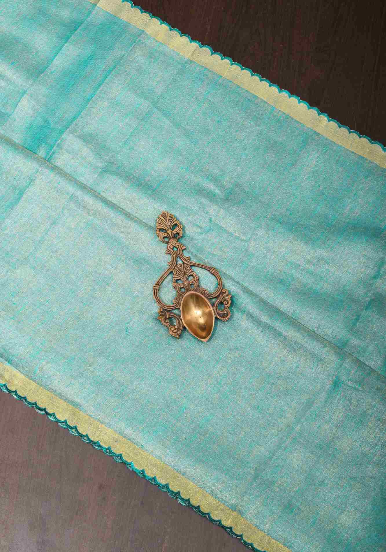 Sea Green Scalloped Tissue Linen Ready to Wear Saree and Golden border